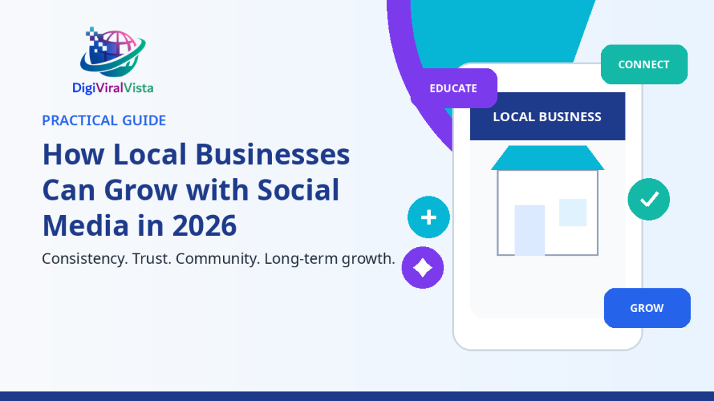 Illustration showing how local businesses can grow through consistent social media marketing in 2026.