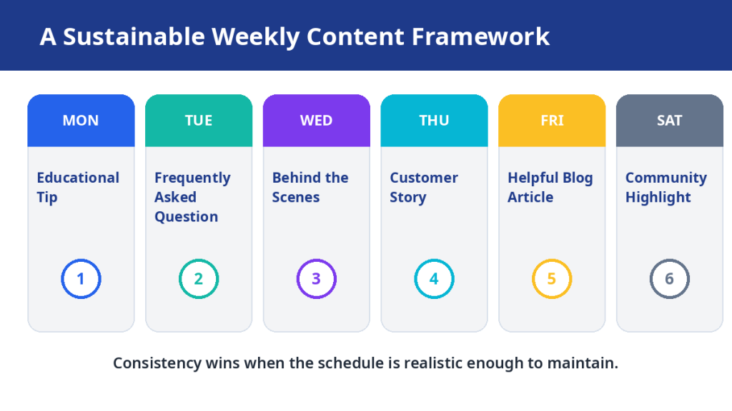 Illustration showing a practical weekly content framework for local business social media marketing.