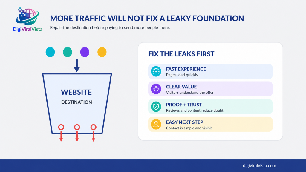 Infographic showing a leaky website foundation and four fixes: fast experience, clear value, proof and trust, and an easy next step