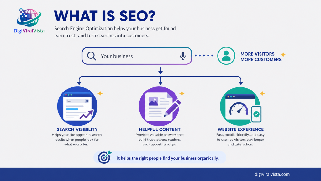 Infographic explaining how SEO improves search visibility, helpful content, trust signals, website experience, and qualified traffic