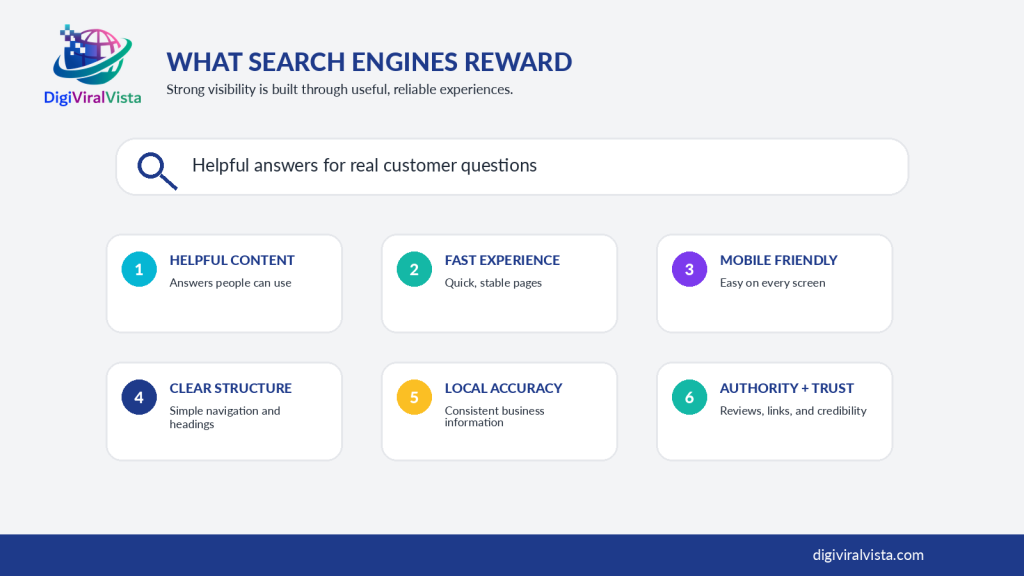 Infographic showing six qualities search engines reward: helpful content, fast experience, mobile-friendly design, clear structure, local accuracy, and authority and trust