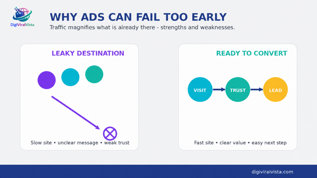 Comparison showing paid traffic failing on a weak destination versus a ready-to-convert website that turns visits into leads