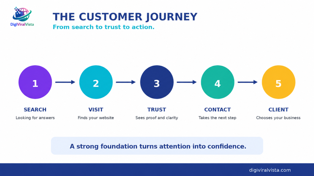 Infographic illustrating the customer journey from discovery to trust, engagement, and becoming a lead or customer