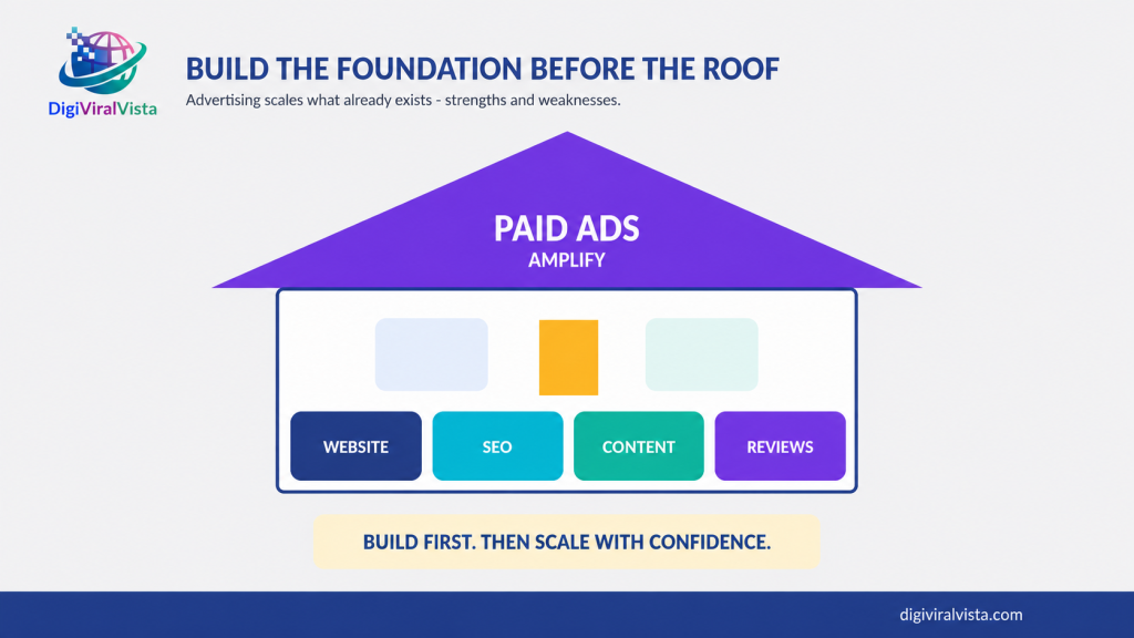 Infographic showing paid advertising as the roof supported by a digital foundation of website, SEO, content, and reviews