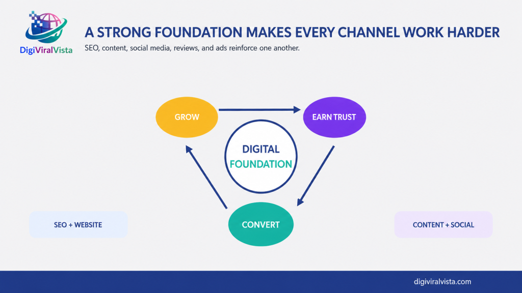 Infographic showing a digital foundation connecting SEO, website, content, and social media to help a business grow, earn trust, and convert customers