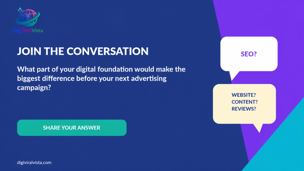 Call-to-action graphic inviting readers to share which part of their digital foundation—SEO, website, content, or reviews—would make the biggest difference before their next advertising campaign
