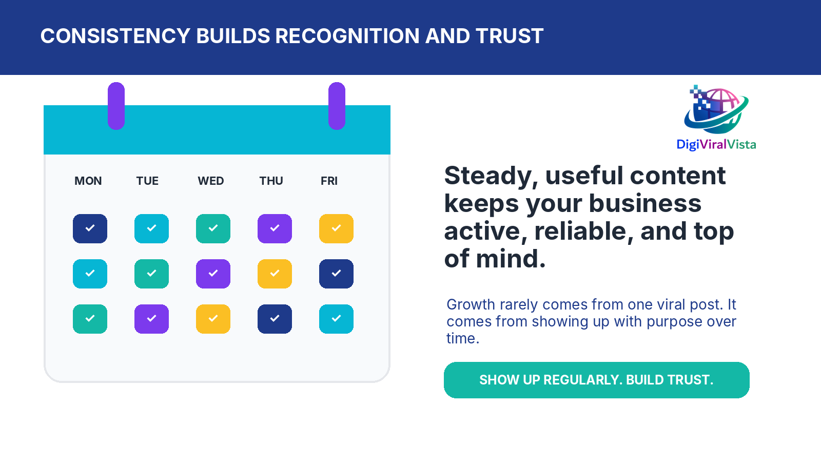 Weekly social media content calendar illustrating how consistent posting builds brand recognition, customer trust, and top-of-mind awareness.