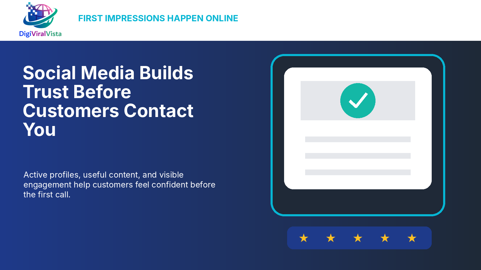 Social media profile and five-star review graphic showing how an active professional presence builds customer trust before the first contact.