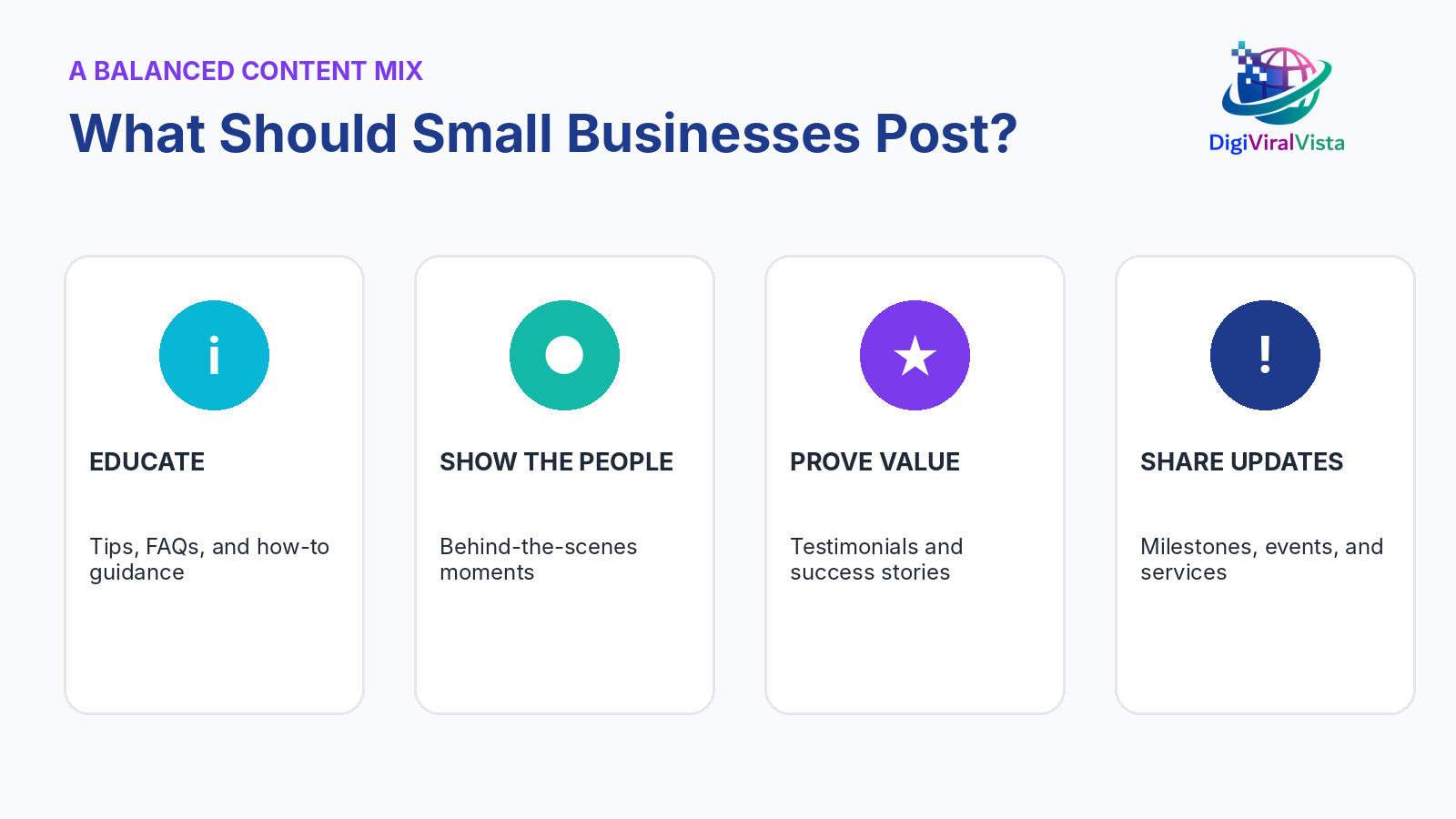 Balanced social media content mix showing educational posts, behind-the-scenes content, customer success stories, and company updates.