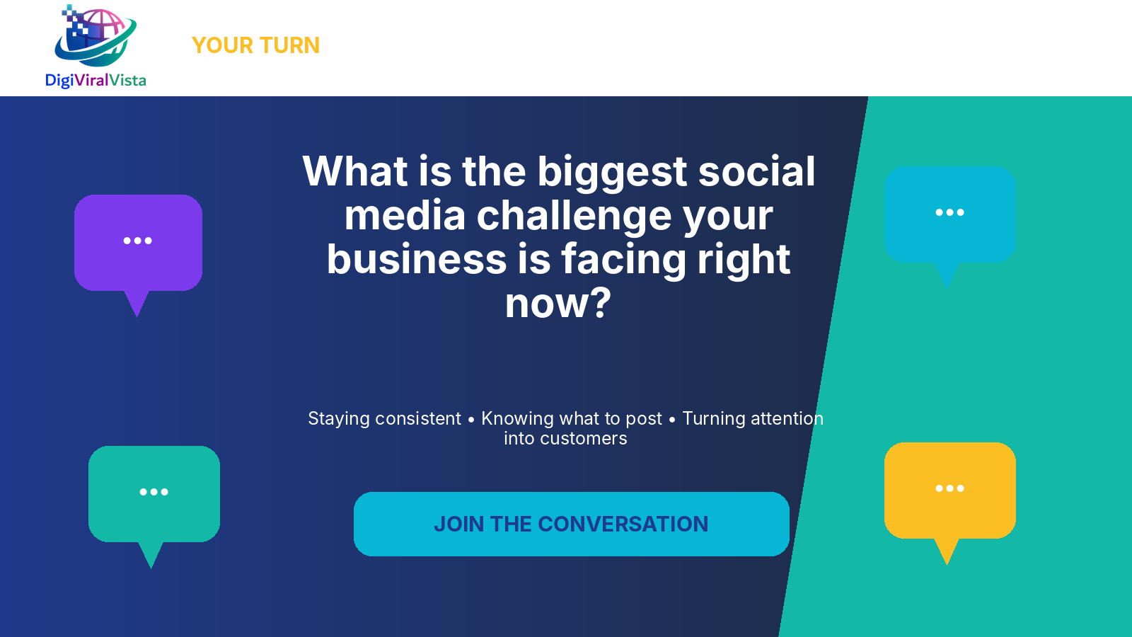 Join the Conversation graphic asking small business owners about their biggest social media challenge, including staying consistent, knowing what to post, and turning attention into customers.